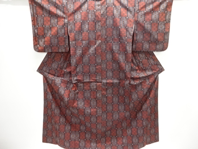 Nishijin traditional pongee kimono ensemble with woven checkerboard and floral t